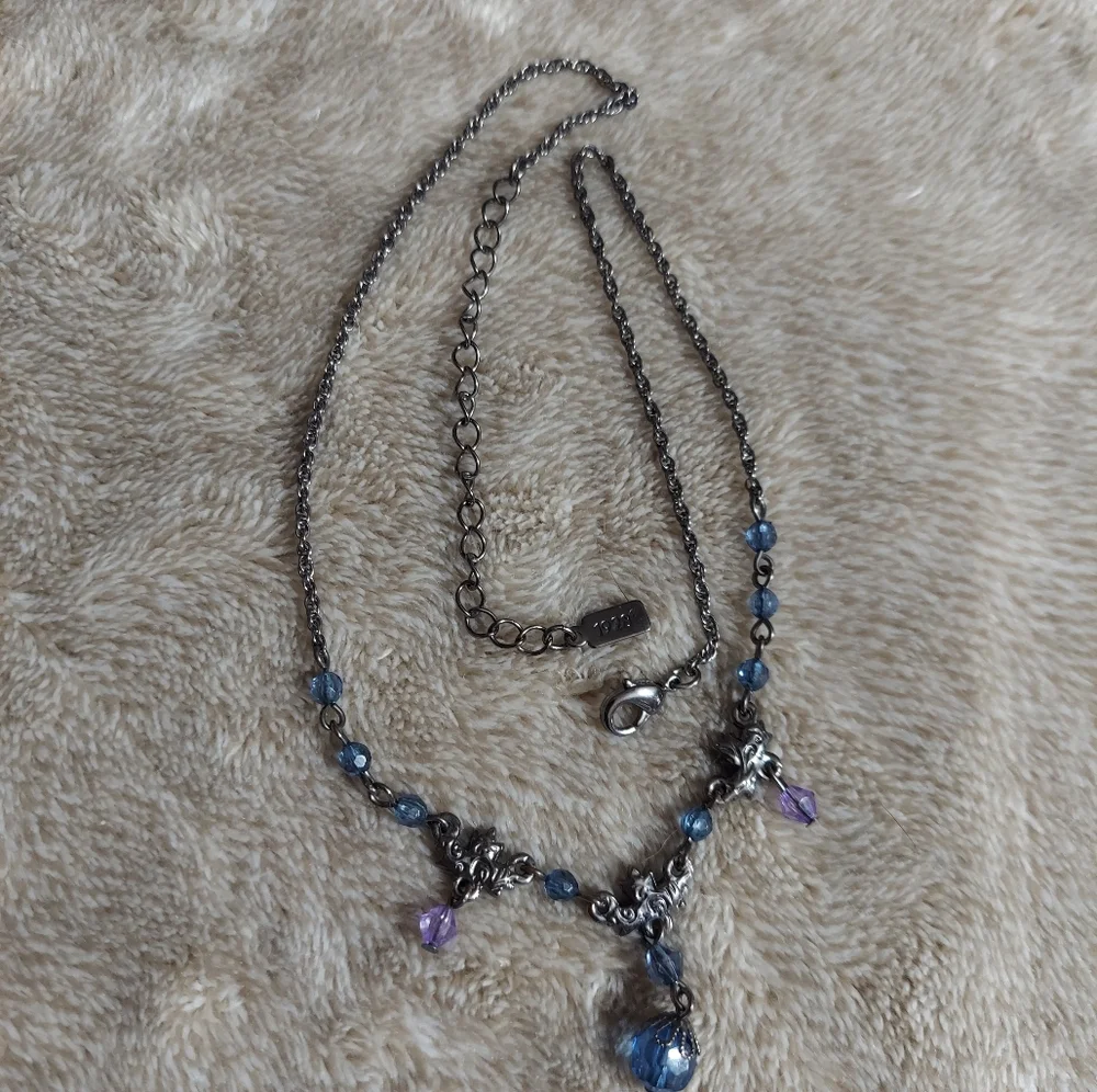 '1928' Textured Gun Metal Black/Faceted Blue & Purple Crystal Floret Necklace - Picture 6 of 8